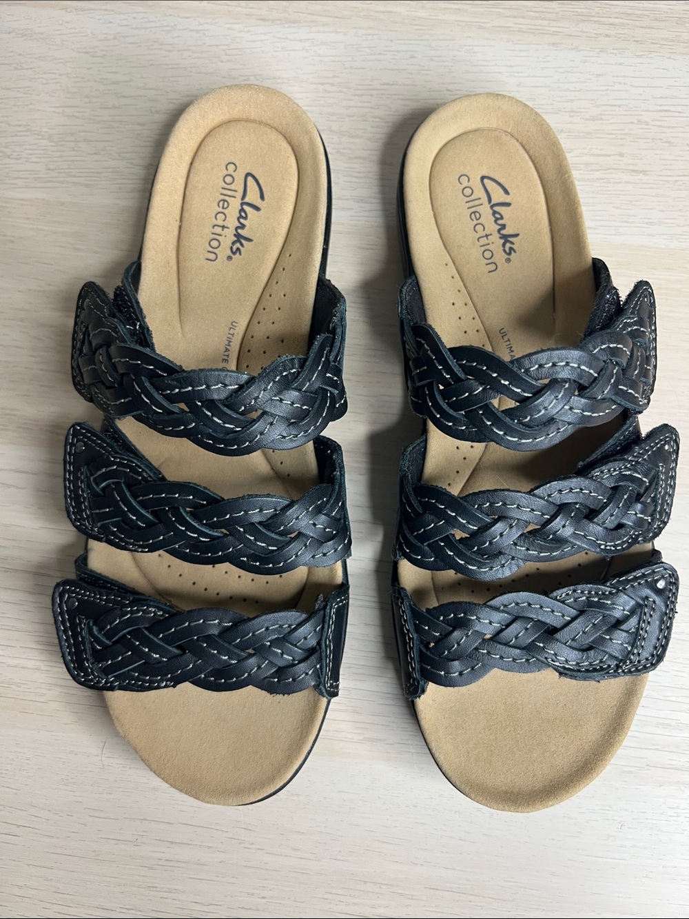 Clarks Laurieann Rio Black Braided Triple-Strap Slide Sandals, Women’s Size 8